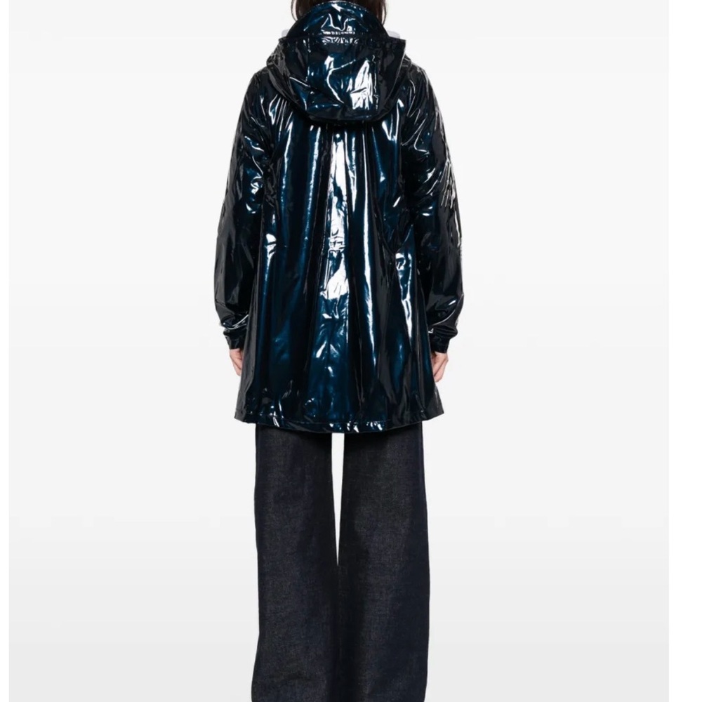 RAINS A-Line Long Jacket W3 Hooded | `Spill’ Shiny Dark Blue | Women L | NWT NEW - Picture 2 of 8